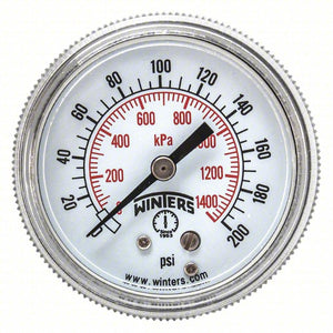 491G307  Panel-Mount Pressure Gauge: U-Clamp, 0 to 200 psi, 2 in Dial, 1/8 in NPT Male, Center Back WINTERS