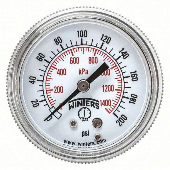 491G307 WINTERS Panel-Mount Pressure Gauge: U-Clamp, 0 to 200 psi, 2 in Dial, 1/8 in NPT Male, Center Back
