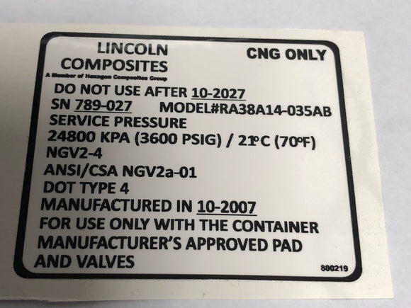 800219 DECAL LINCOLN COMPOSITES CNG ONLY DIXIE CHOPPER