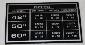 65423   BELT SPECIFICATIONS DECAL   DIXIE CHOPPER